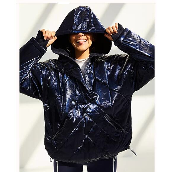 Free People Movement Polar Ice Hooded Puffer 1/2 Zip Jacket Metallic Blue, SZ S - Picture 1 of 12